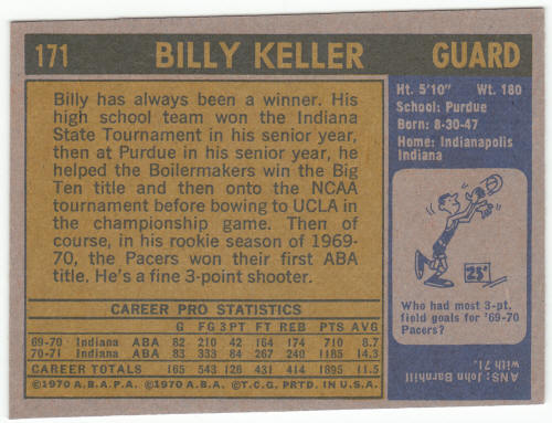1971-72 Topps Basketball #171 Billy Keller Rookie Card back