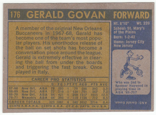 1971-72 Topps Basketball #176 Gerlad Govan back