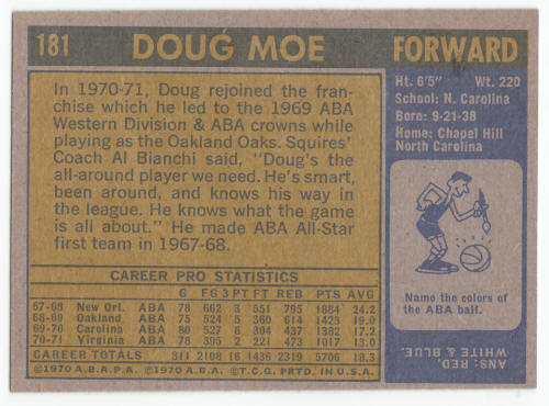 1971-72 Topps #181 Doug Moe Rookie Card Ex/M back