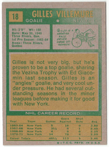 1971-72 Topps Hockey #18 Gilles Villemure