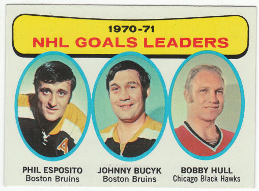 1971-72 Topps #1 NHL Goals Leaders Esposito Bucyk Hull front