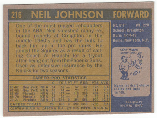 1971-72 Topps Basketball #216 Neil Johnson back