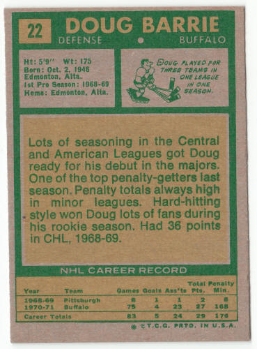 1971-72 Topps Hockey #22 Doug Barrie Rookie Card