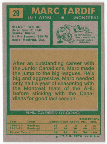 1971-72 Hockey #29 Marc Tardiff First Topps Card