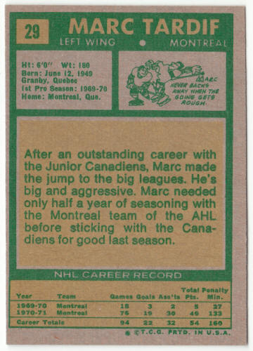 1971-72 Hockey #29 Marc Tardiff First Topps Card