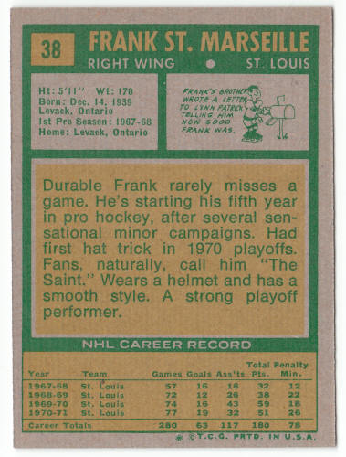 1971-72 Hockey #38 Frank St Marseille First Topps Card
