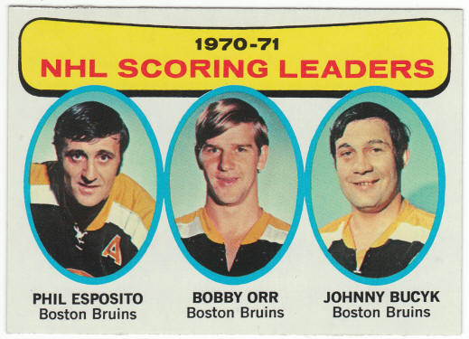 1971-72 Topps #3 NHL Scoring Leaders Esposito Orr Bucyk front