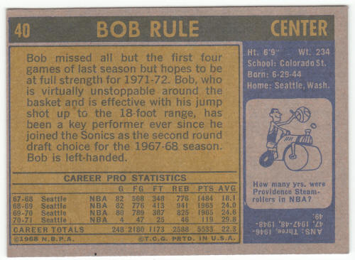 1971-72 Topps #40 Bob Rule back