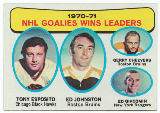1971-72 Topps #4 NHL Goalies Wins Leaders Esposito Johnston Cheevers Giacomin front