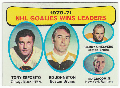 1971-72 Topps #4 NHL Goalies Wins Leaders Esposito Johnston Cheevers Giacomin front