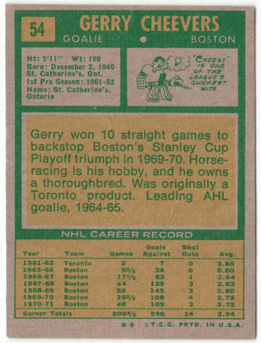 1971-72 Topps Hockey #54 Gerry Cheevers