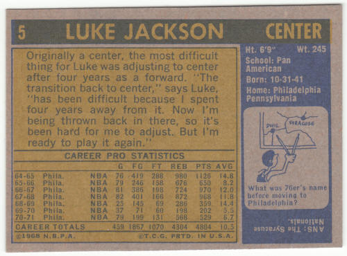 1971-72 Topps #5 Luke Jackson back