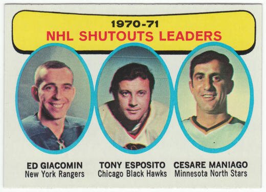 1971-72 Topps #5 NHL Shutouts Leaders Giacomin Esposito Maniago front