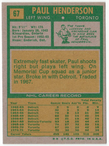 1971-72 Topps Hockey #67 Paul Henderson