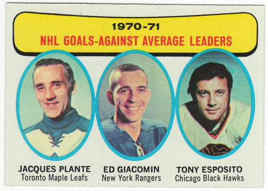 1971-72 Topps #6 NHL Goals Against Average Leaders Plante Giacomin Esposito front