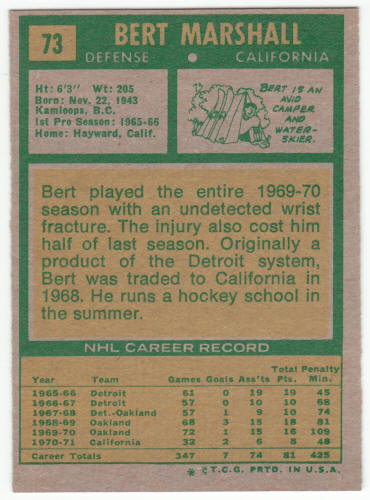 1971-72 Topps Hockey #73 Bert Marshall