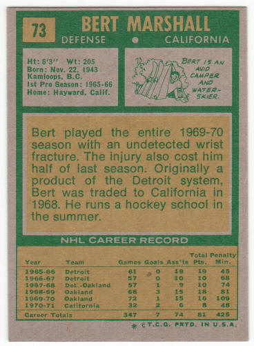 1971-72 Topps Hockey #73 Bert Marshall