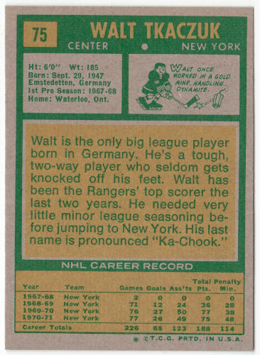 1971-72 Topps Hockey #75 Walt Tkaczuk