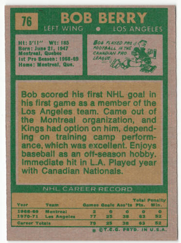 1971-72 Topps #76 Bob Berry Rookie Card back