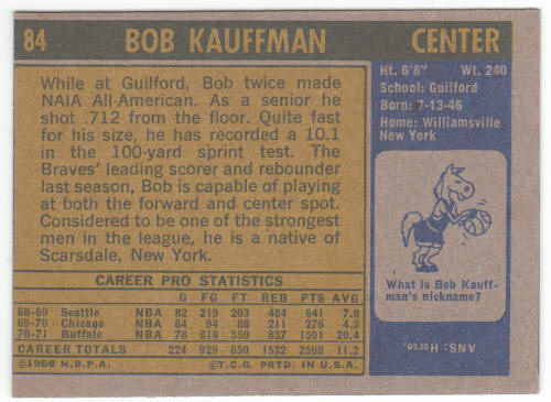 1971-72 Topps Basketball #84 Bob Kauffman back