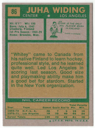1971-72 Topps Hockey #86 Juha Widing rookie card