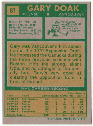 1971-72 Topps Hockey #87 Gary Doak