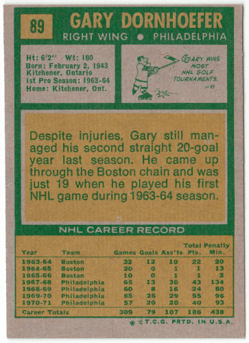 1971-72 Topps Hockey #89 Gary Dornhoefer