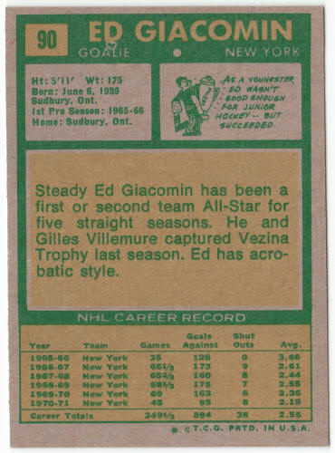 1971-72 Topps #90 Ed Giacomin back