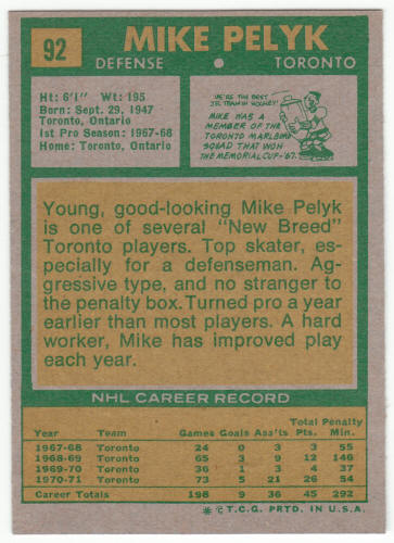 1971-72 Topps Hockey #92 Mike Pelyk