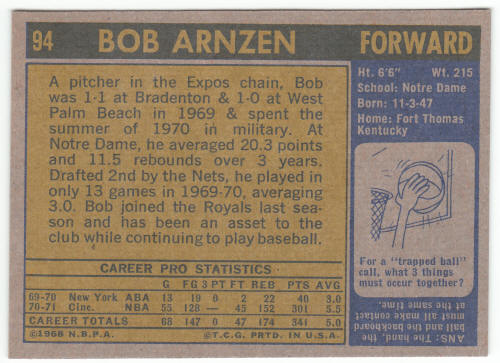 1971-72 Topps Basketball #94 Bob Arnzen back
