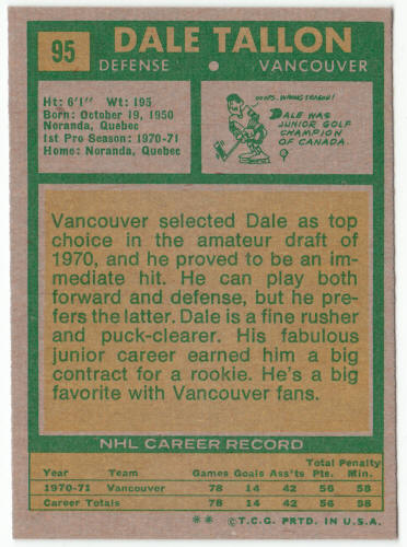 1971-72 First Topps Hockey Card #95 Dale Tallon