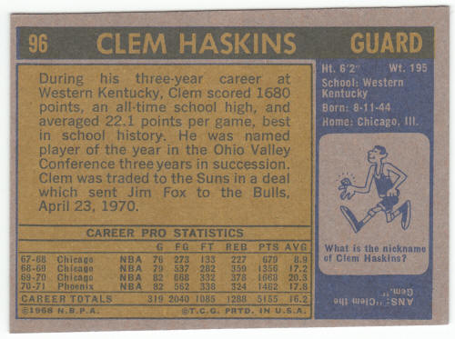 1971-72 Topps Basketball #96 Clem Haskins back