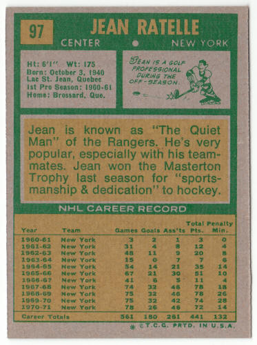 1971-72 Topps Hockey #97 Jean Ratelle back