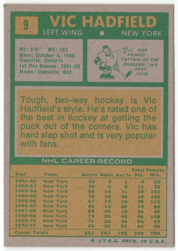 1971-72 Topps Hockey #9 Vic Hadfield
