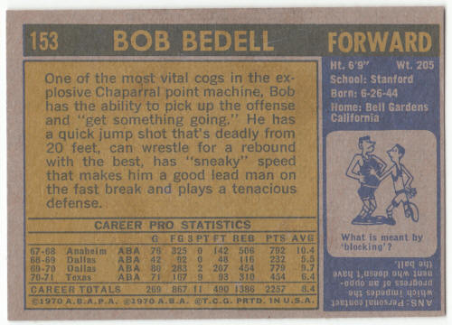 1971-72 Topps Basketball #153 Bob Bedell Card back