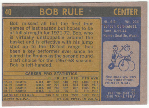 1971-72 Topps Basketnball #40 Bob Rule