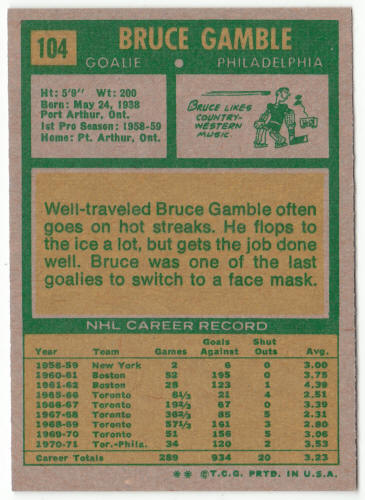 1971-72 Topps Hockey #104 Bruce Gamble