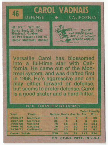 1971-72 Topps Hockey #46 Carol Vadnais