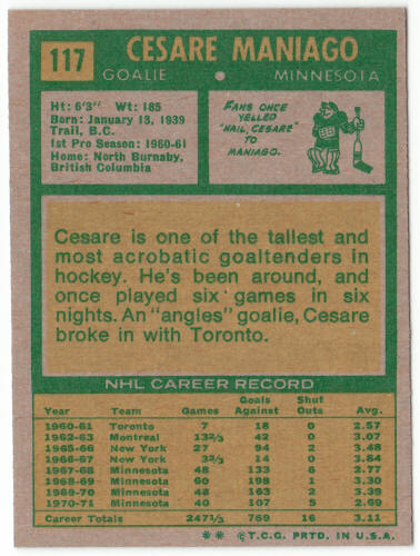 1971-72 Topps Hockey #117 Cesare Maniago