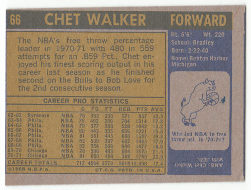 1971-72 Topps #66 Chet Walker back