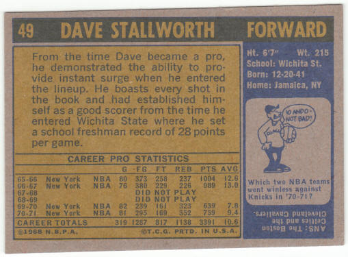 1971-72 Topps Basketnball #49 Dave Stallworth