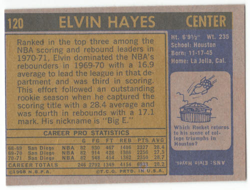 1971-72 Topps Basketball Elvin Hayes #120 back