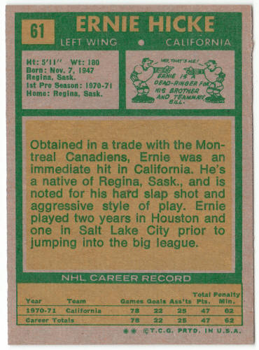 1971-72 Topps Hockey #61 Ernie Hicke Rookie Card