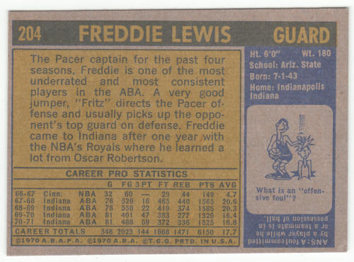 1971-72 Topps Basketball #204 Freddie Lewis rookie back