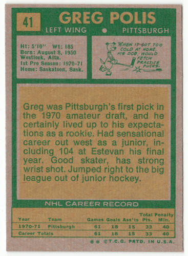 1971-72 Topps Hockey #41 Greg Polis Rookie Card