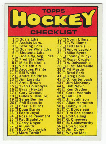 1971-72 Topps Hockey Card Checklist #111 Unchecked front