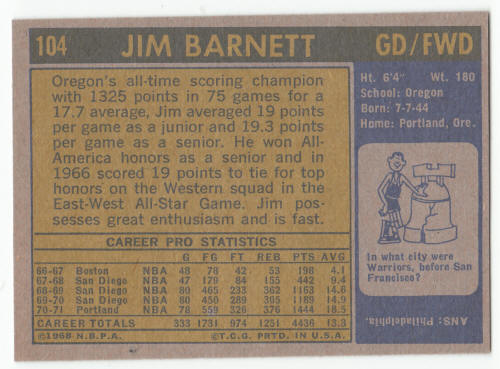 1971-72 Topps Basketball #104 Jim Barnett Ex/M back