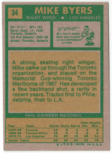 1971-72 Hockey #34 Mike Byers First Topps Card