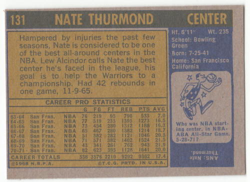 1971-72 Topps Basketball #131 Nate Thurmond back