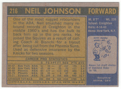 1971-72 Topps Basketball #216 Neil Johnson